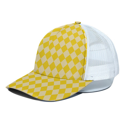 Yellow Harlequin Pattern Print White Mesh Trucker Cap