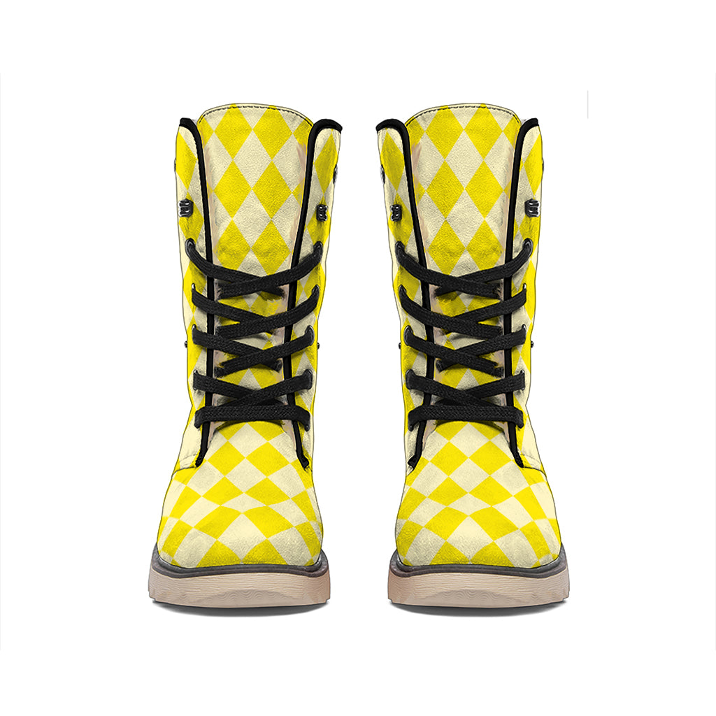 Yellow Harlequin Pattern Print Winter Boots