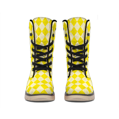 Yellow Harlequin Pattern Print Winter Boots