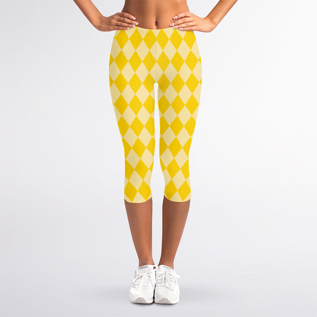 Yellow Harlequin Pattern Print Women's Capri Leggings