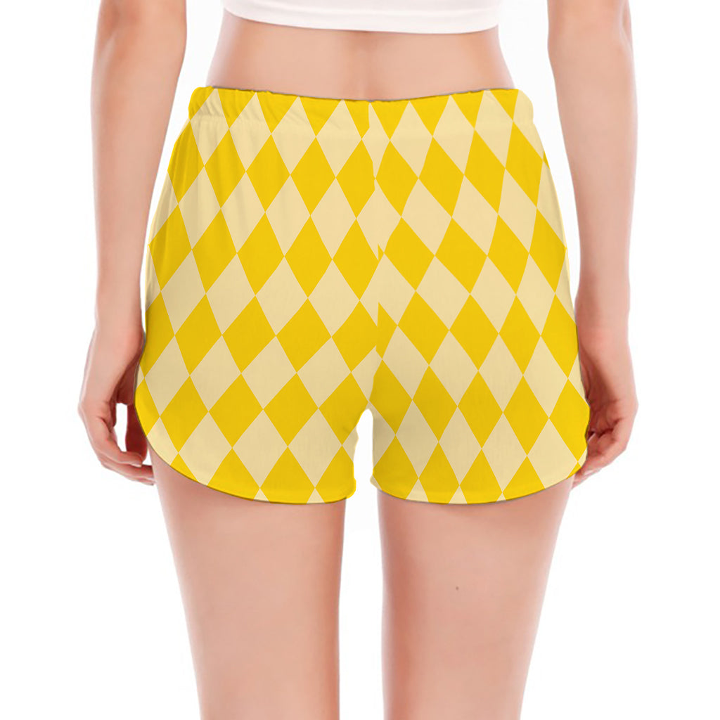 Yellow Harlequin Pattern Print Women's Split Running Shorts