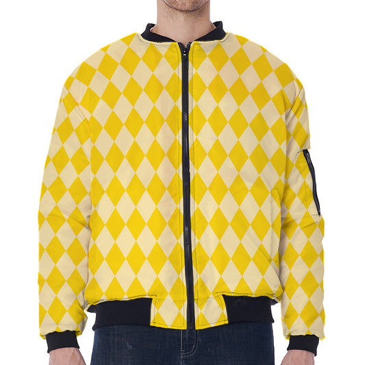 Yellow Harlequin Pattern Print Zip Sleeve Bomber Jacket