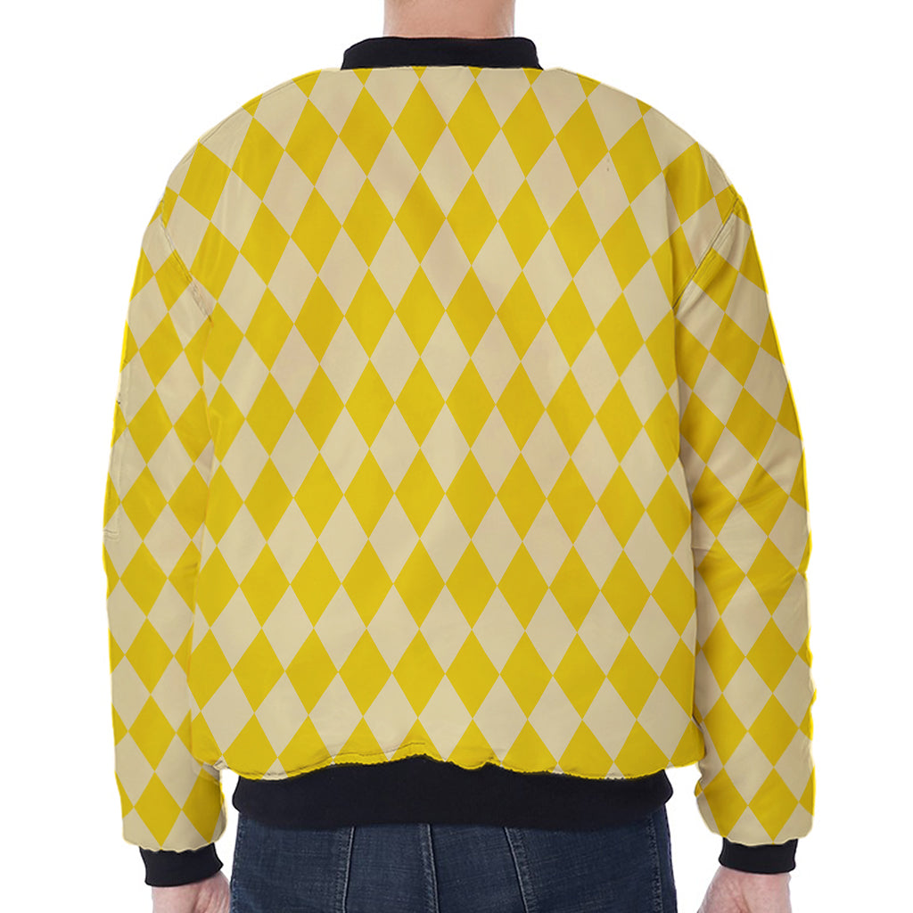 Yellow Harlequin Pattern Print Zip Sleeve Bomber Jacket