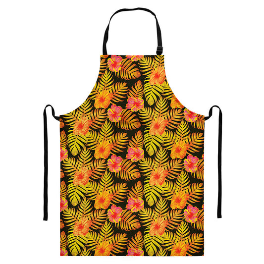 Yellow Hawaiian Tropical Pattern Print Bib Apron With Pocket