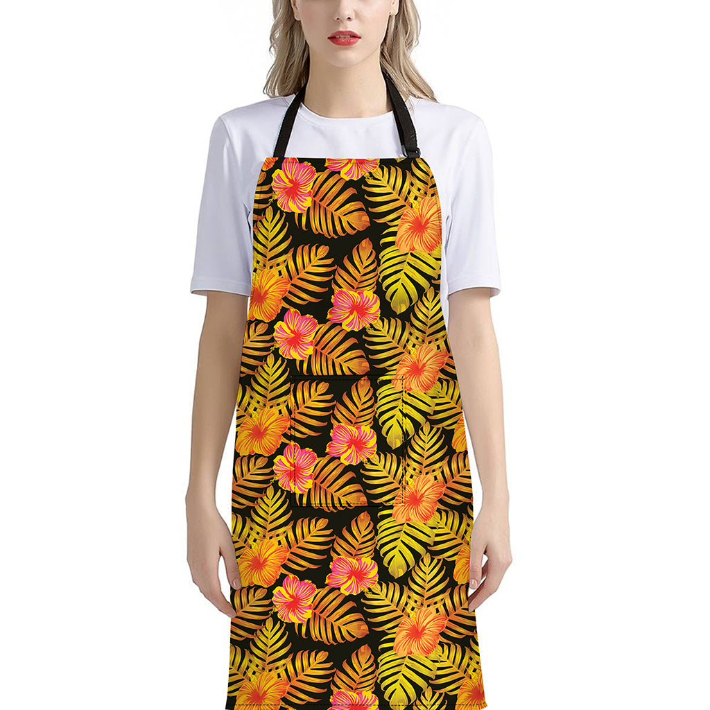 Yellow Hawaiian Tropical Pattern Print Bib Apron With Pocket