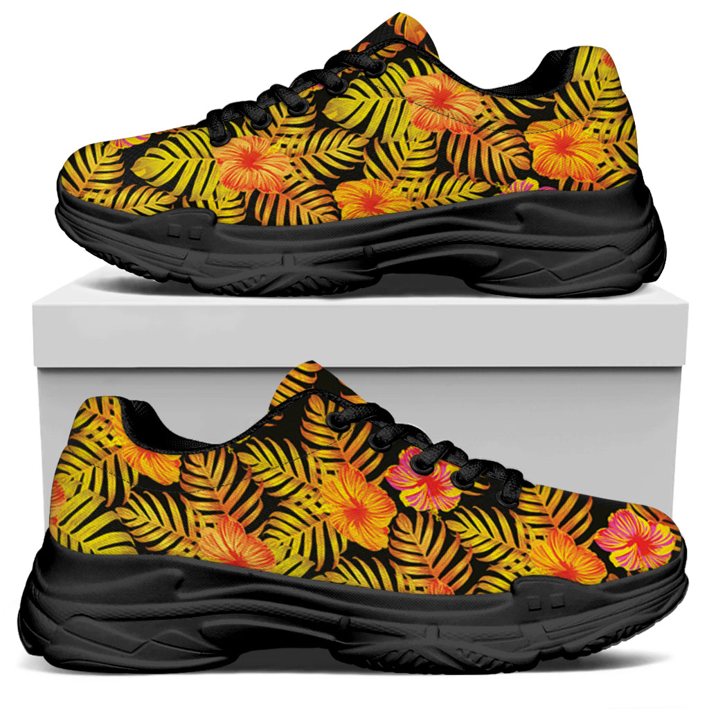 Yellow Hawaiian Tropical Pattern Print Black Chunky Shoes