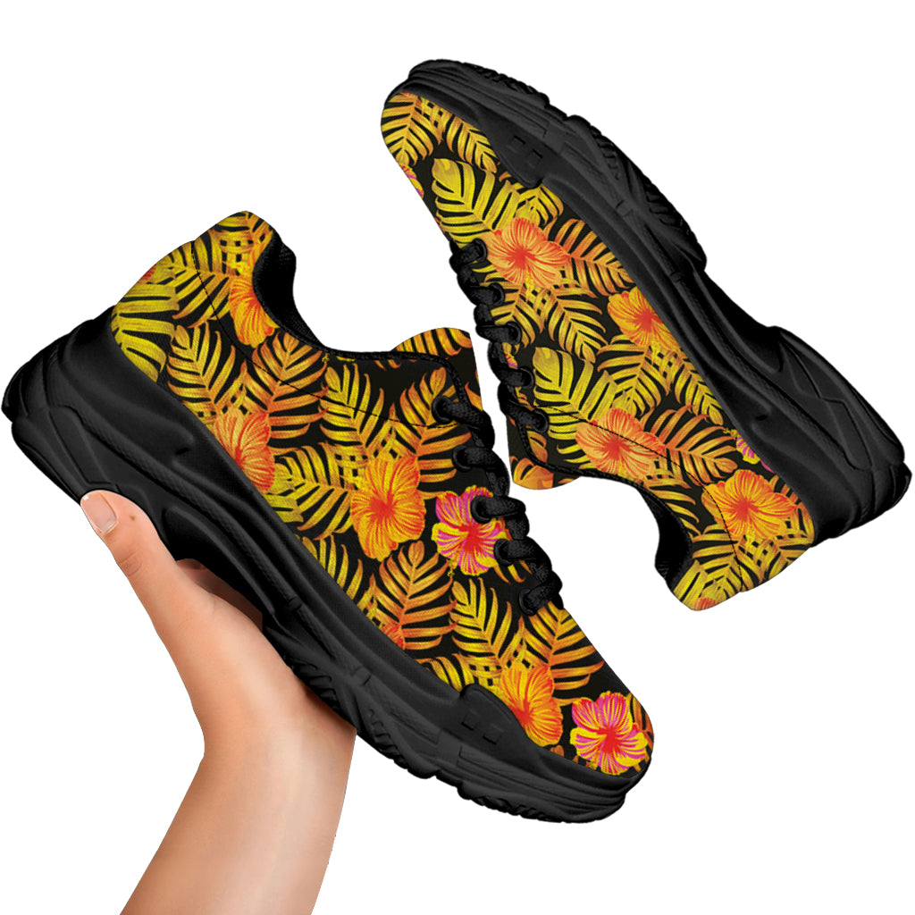 Yellow Hawaiian Tropical Pattern Print Black Chunky Shoes