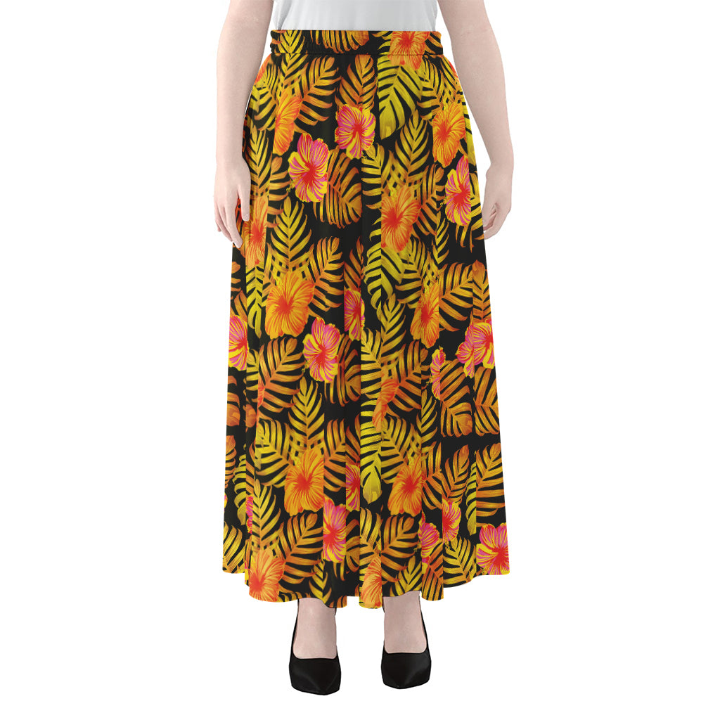 Yellow Hawaiian Tropical Pattern Print Chiffon Maxi Skirt