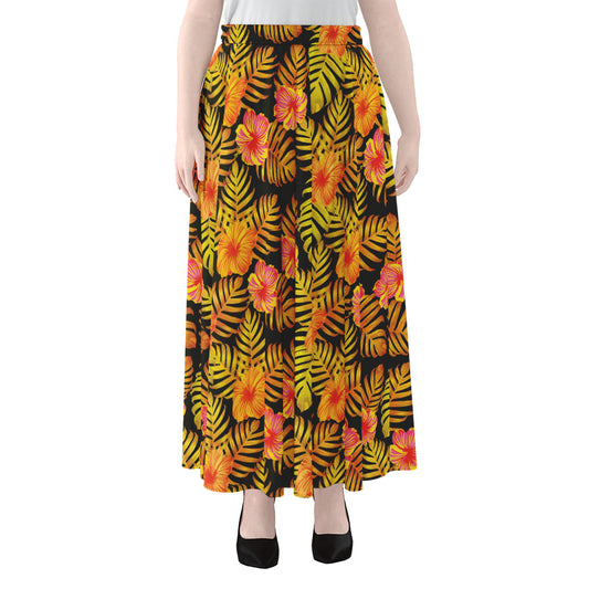 Yellow Hawaiian Tropical Pattern Print Chiffon Maxi Skirt