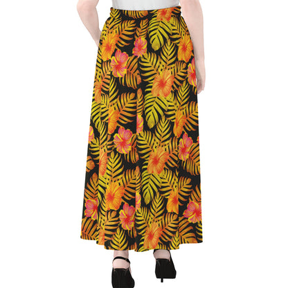 Yellow Hawaiian Tropical Pattern Print Chiffon Maxi Skirt