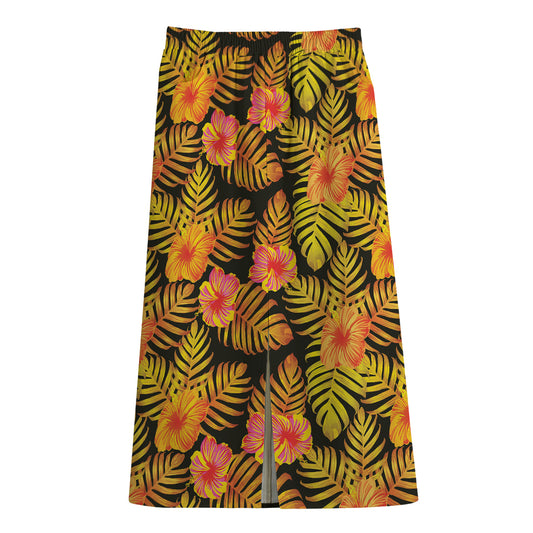 Yellow Hawaiian Tropical Pattern Print Cotton Front Slit Maxi Skirt