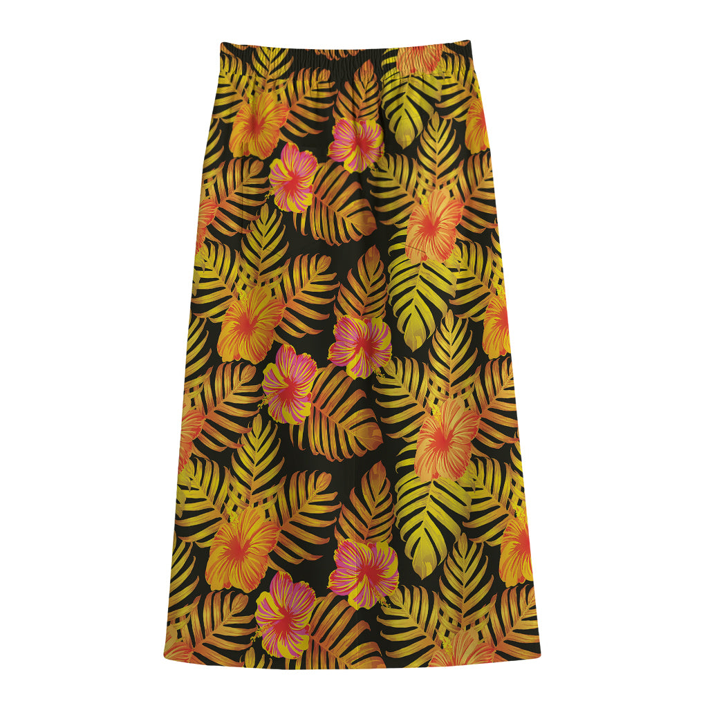 Yellow Hawaiian Tropical Pattern Print Cotton Front Slit Maxi Skirt
