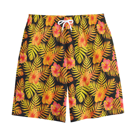 Yellow Hawaiian Tropical Pattern Print Cotton Shorts