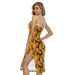 Yellow Hawaiian Tropical Pattern Print Cross Back Cami Dress