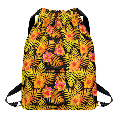 Yellow Hawaiian Tropical Pattern Print Drawstring Backpack