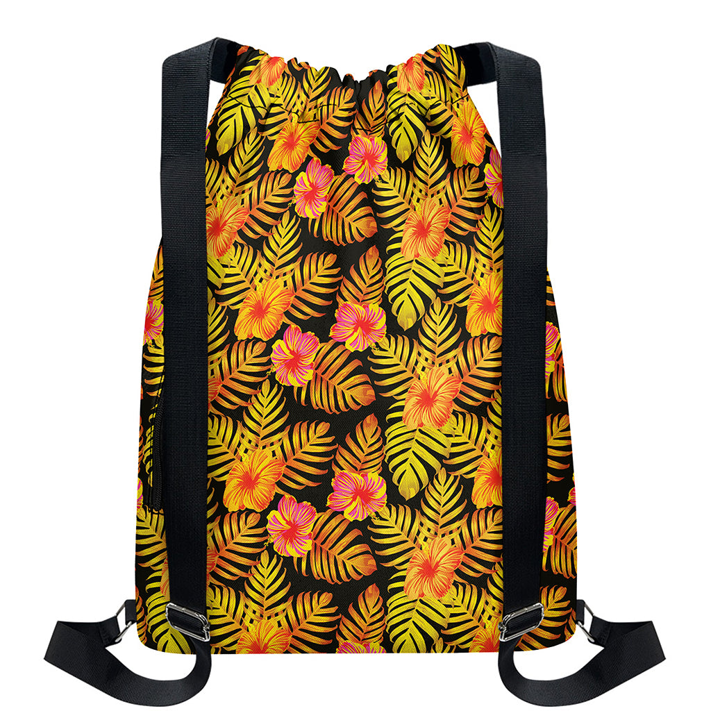 Yellow Hawaiian Tropical Pattern Print Drawstring Backpack