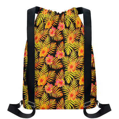 Yellow Hawaiian Tropical Pattern Print Drawstring Backpack