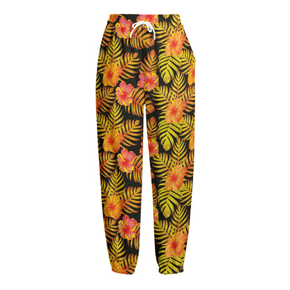 Yellow Hawaiian Tropical Pattern Print Fleece Lined Knit Pants