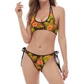 Yellow Hawaiian Tropical Pattern Print Halter Scoop Tie Side Bikini