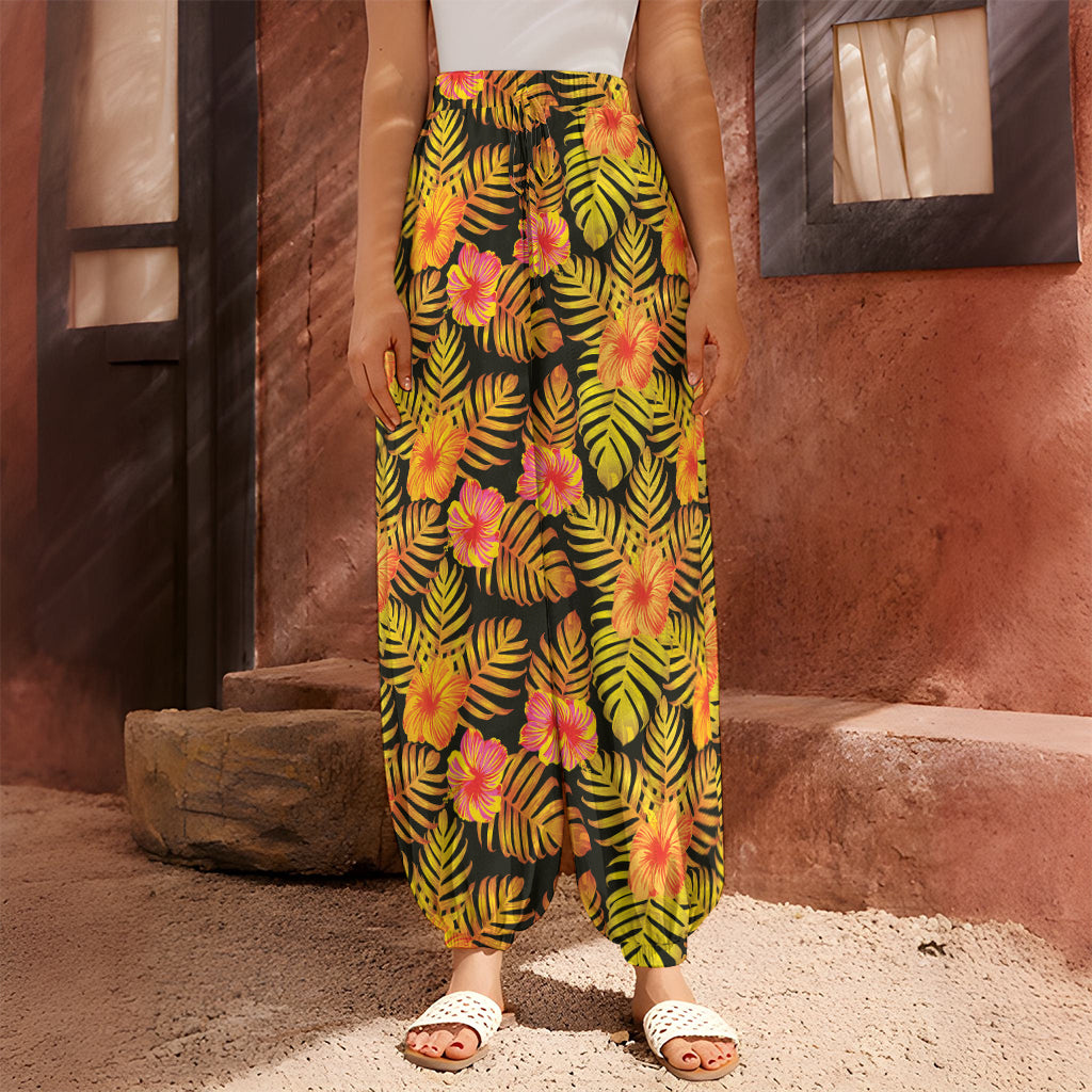 Yellow Hawaiian Tropical Pattern Print Harem Pants