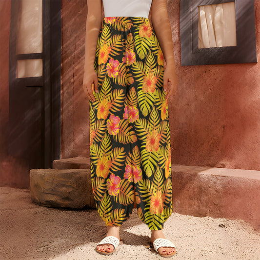 Yellow Hawaiian Tropical Pattern Print Harem Pants