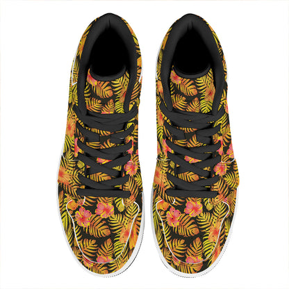 Yellow Hawaiian Tropical Pattern Print High Top Leather Sneakers