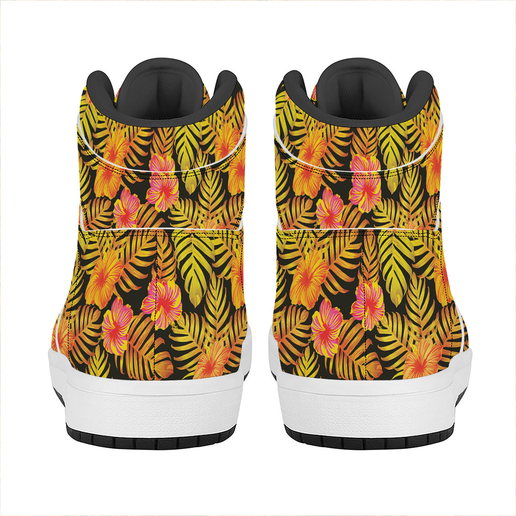 Yellow Hawaiian Tropical Pattern Print High Top Leather Sneakers