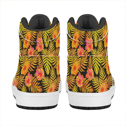 Yellow Hawaiian Tropical Pattern Print High Top Leather Sneakers