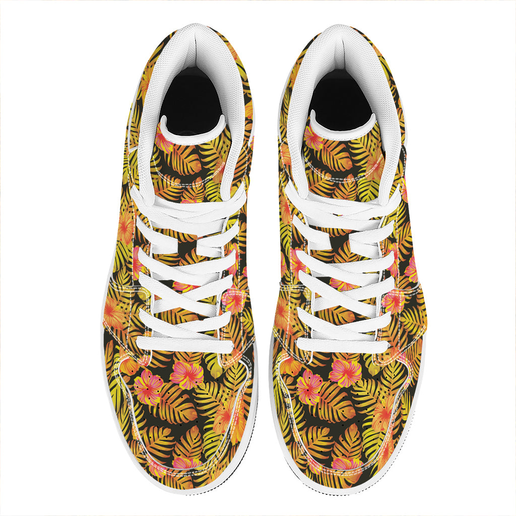 Yellow Hawaiian Tropical Pattern Print High Top Leather Sneakers