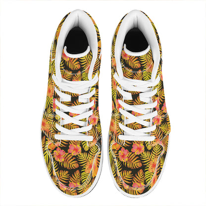 Yellow Hawaiian Tropical Pattern Print High Top Leather Sneakers