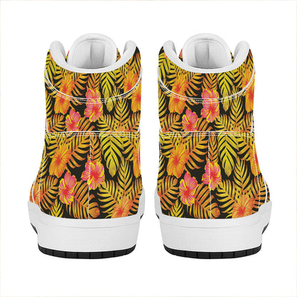 Yellow Hawaiian Tropical Pattern Print High Top Leather Sneakers