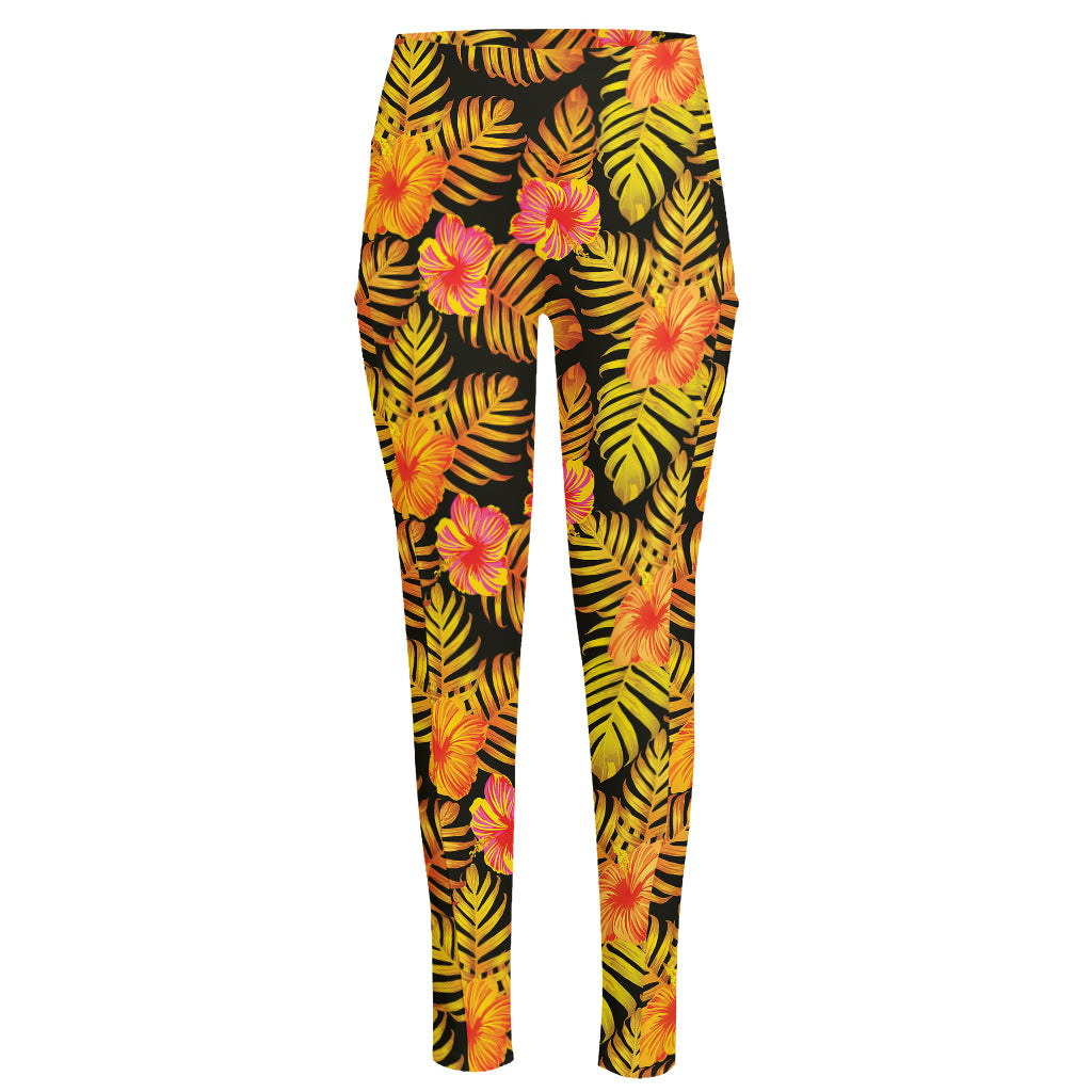 Yellow Hawaiian Tropical Pattern Print High-Waisted Pocket Leggings