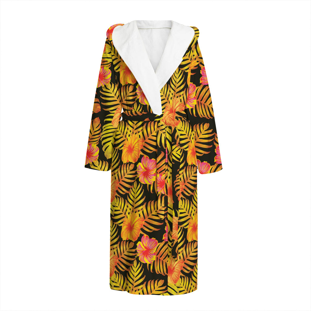 Yellow Hawaiian Tropical Pattern Print Hooded Bathrobe