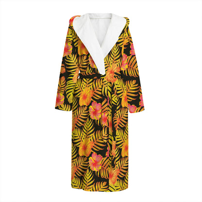Yellow Hawaiian Tropical Pattern Print Hooded Bathrobe