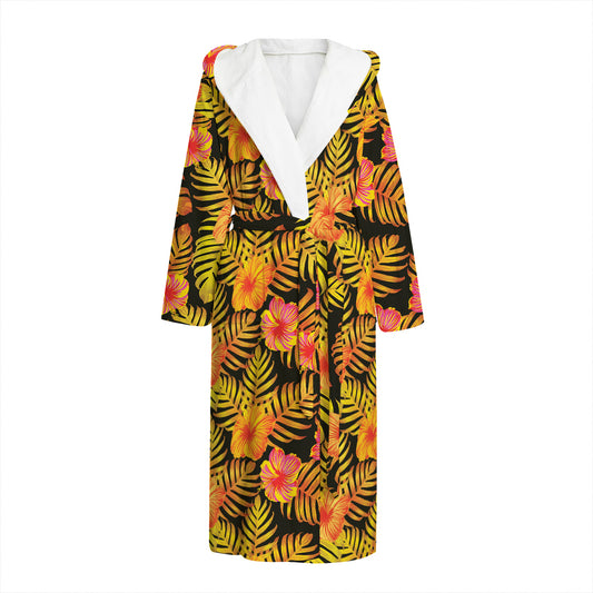 Yellow Hawaiian Tropical Pattern Print Hooded Bathrobe
