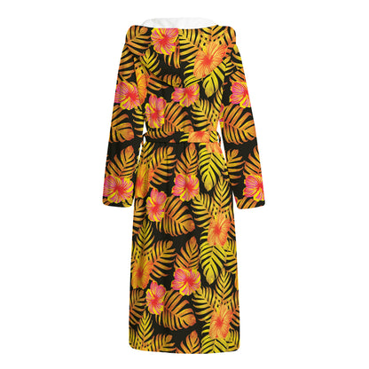 Yellow Hawaiian Tropical Pattern Print Hooded Bathrobe