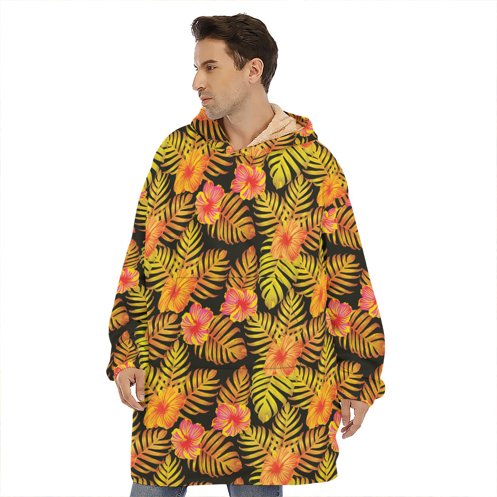Yellow Hawaiian Tropical Pattern Print Hoodie Blanket