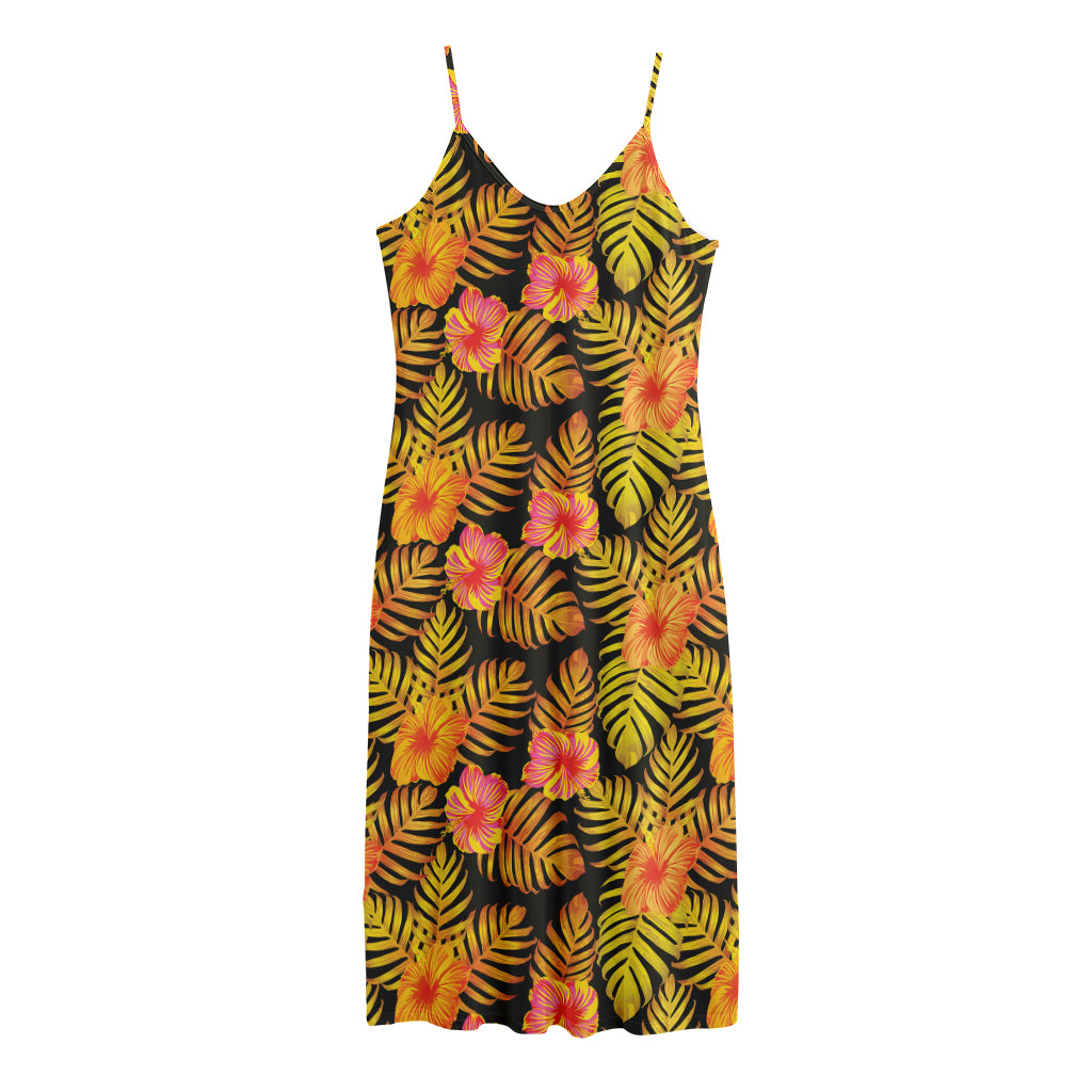 Yellow Hawaiian Tropical Pattern Print Jersey Midi Cami Dress