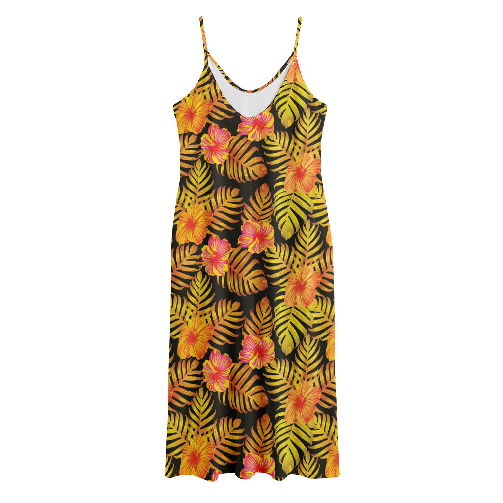 Yellow Hawaiian Tropical Pattern Print Jersey Midi Cami Dress