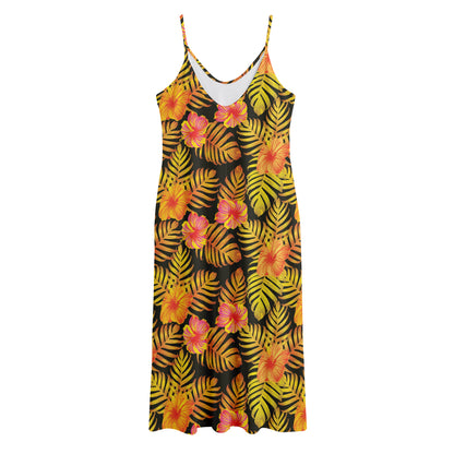 Yellow Hawaiian Tropical Pattern Print Jersey Midi Cami Dress