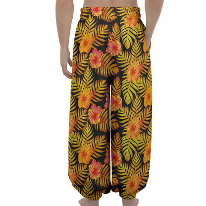 Yellow Hawaiian Tropical Pattern Print Lantern Pants