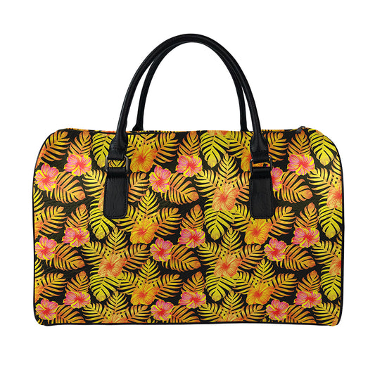 Yellow Hawaiian Tropical Pattern Print Leather Duffle Bag