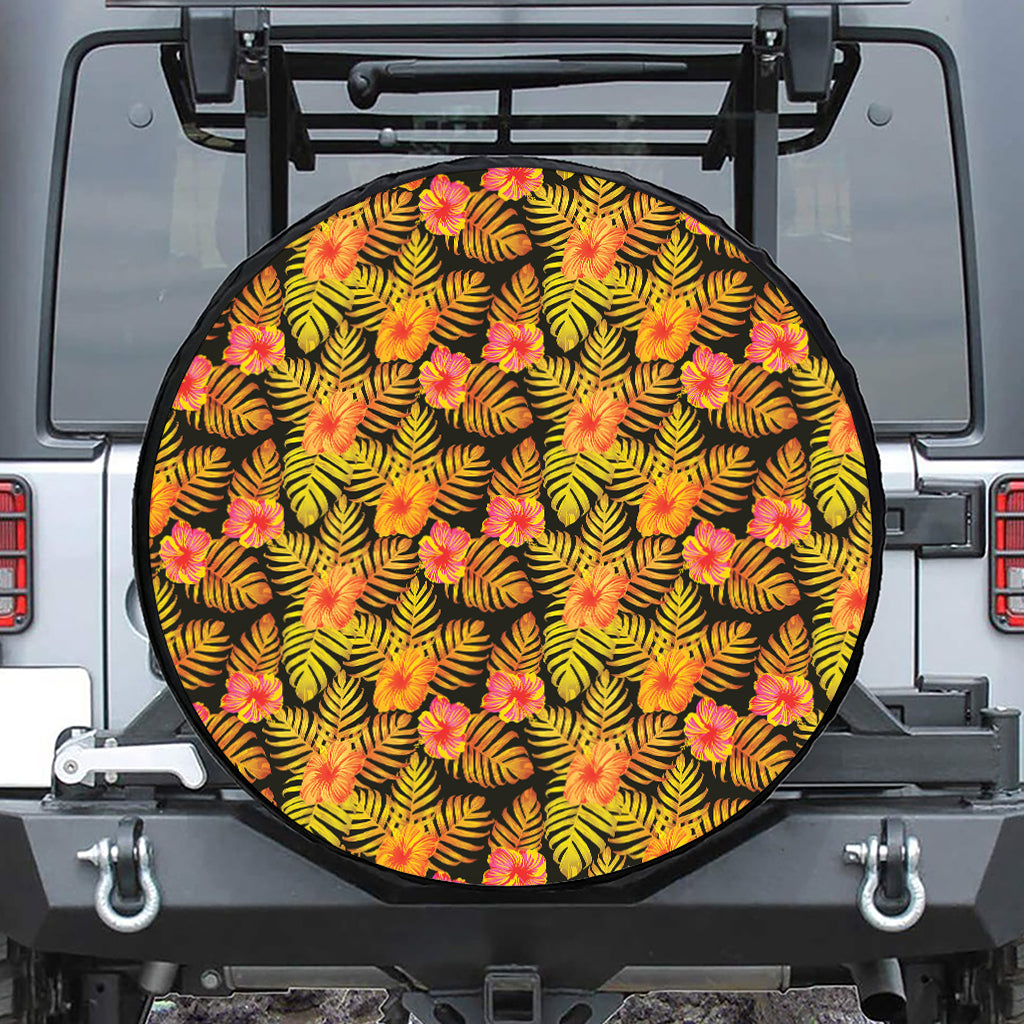 Yellow Hawaiian Tropical Pattern Print Leather Spare Tire Cover