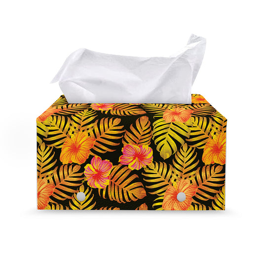 Yellow Hawaiian Tropical Pattern Print Leather Tissue Box Cover