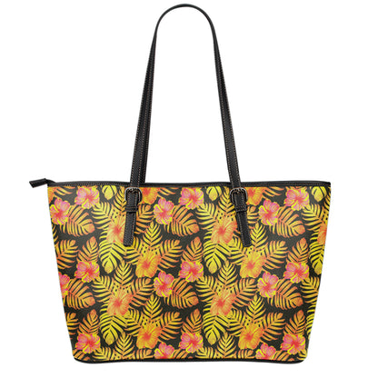 Yellow Hawaiian Tropical Pattern Print Leather Tote Bag