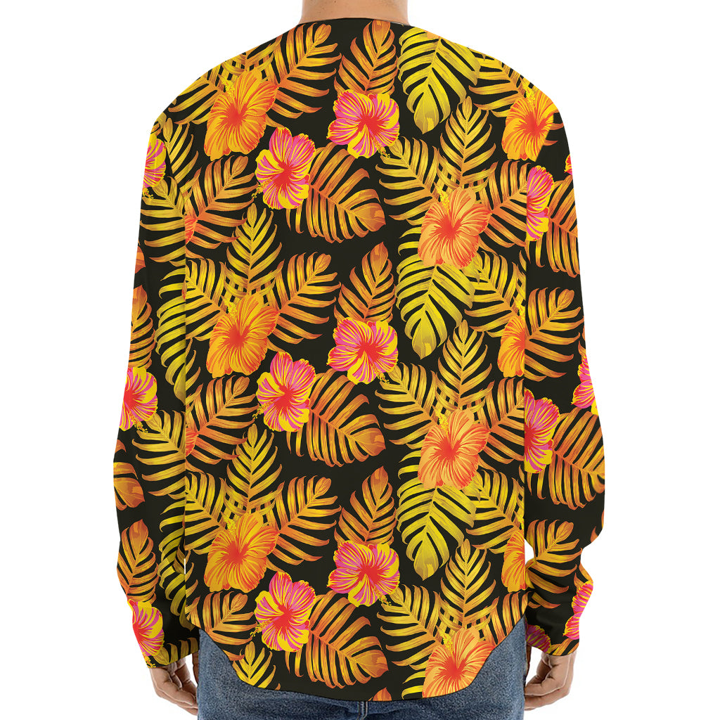 Yellow Hawaiian Tropical Pattern Print Long Sleeve Baseball Jersey