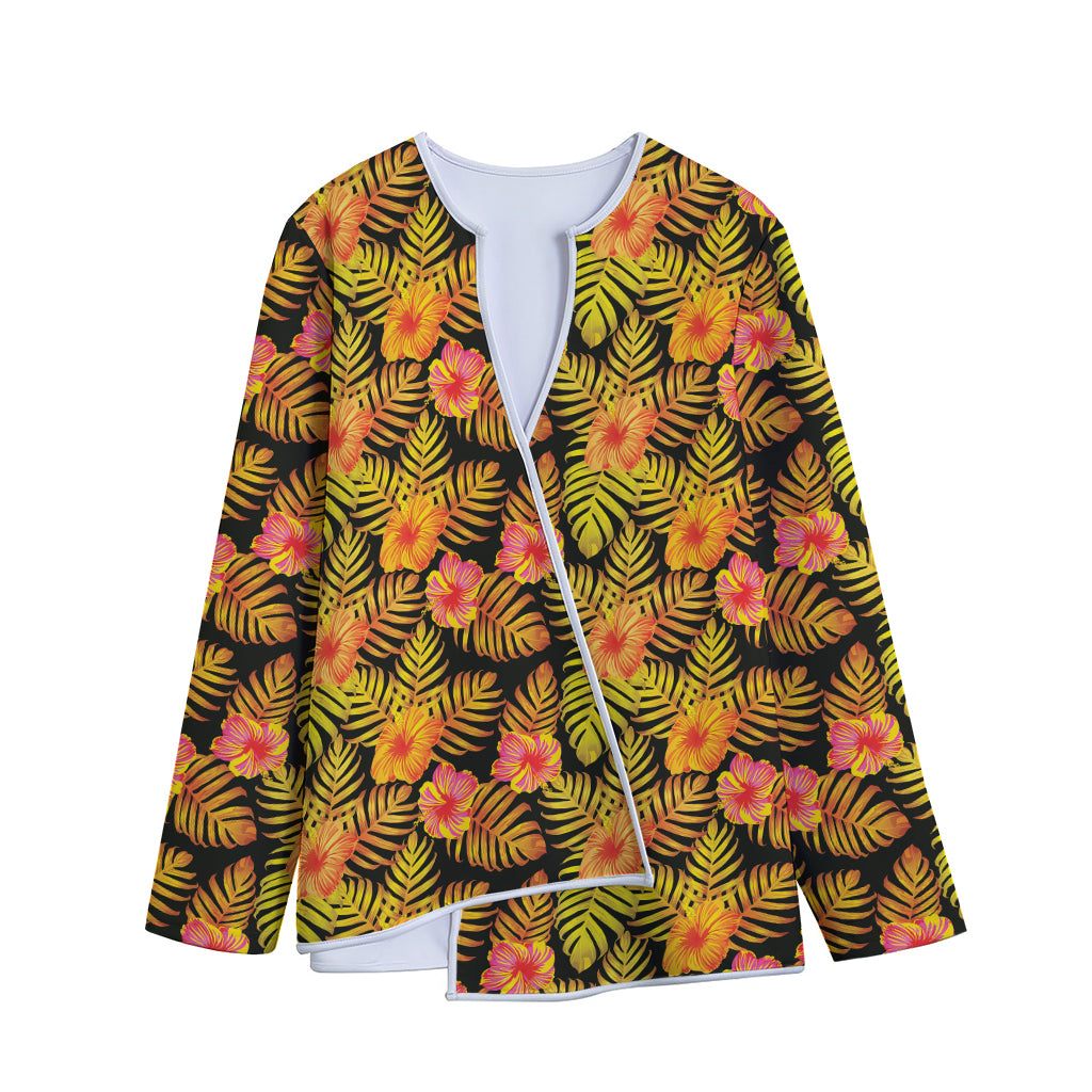 Yellow Hawaiian Tropical Pattern Print Long Sleeve Short Coat