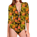 Yellow Hawaiian Tropical Pattern Print Long Sleeve Swimsuit