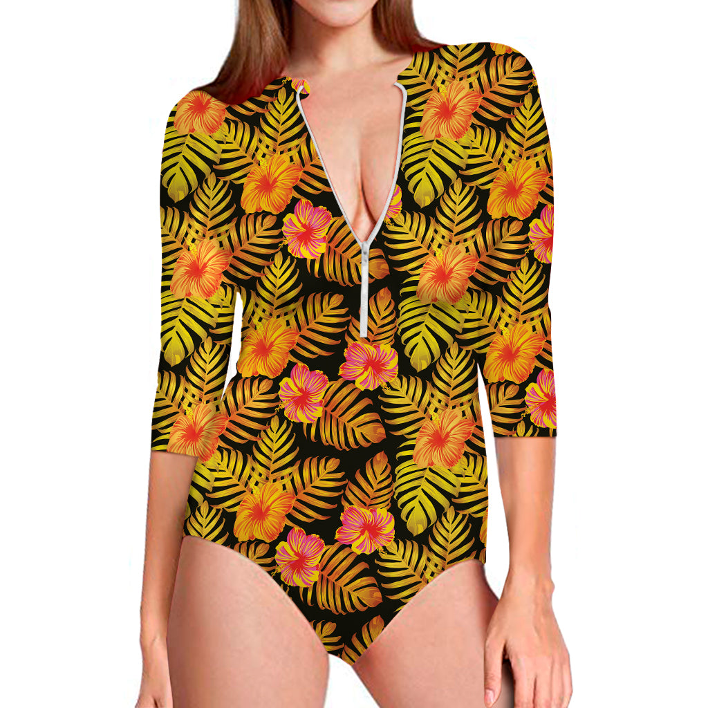 Yellow Hawaiian Tropical Pattern Print Long Sleeve Swimsuit