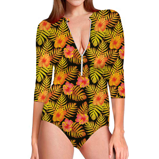 Yellow Hawaiian Tropical Pattern Print Long Sleeve Swimsuit